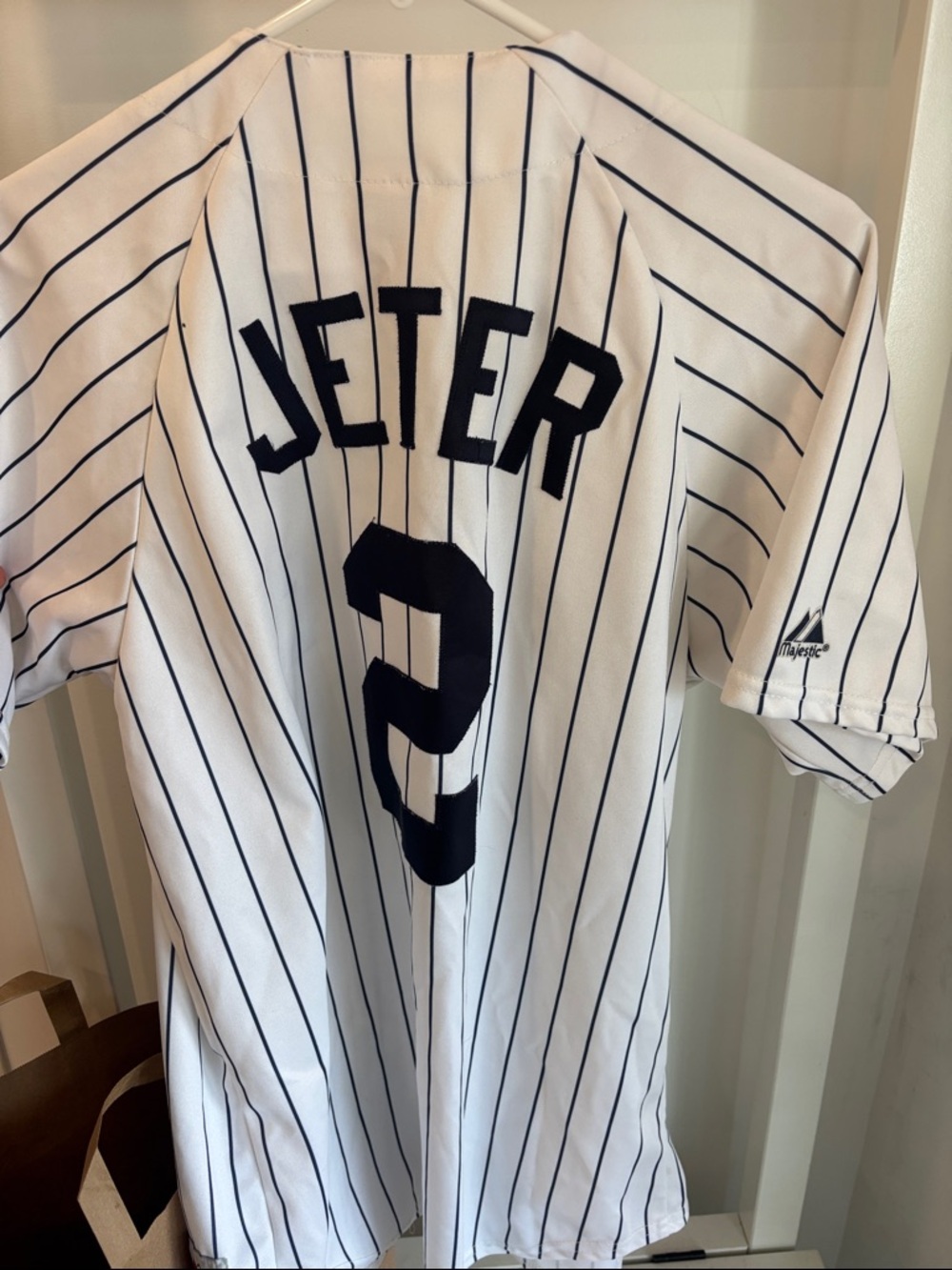 Majestic White and Navy Pinstripe Jeter #2 Baseball Jersey